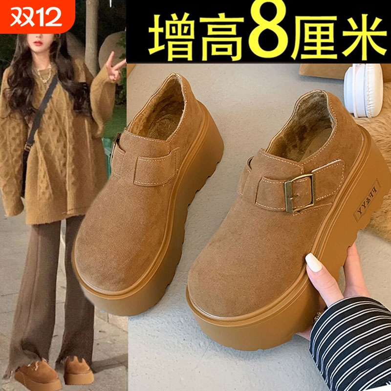 厚底增高勃肯鞋女鞋一脚蹬单鞋2025新款冬季雪地靴薄绒乐福鞋高跟