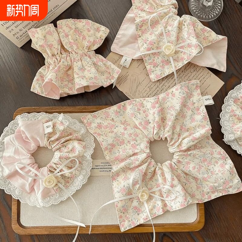 粉黛玫瑰~樱花蝴蝶结小清新碎花大肠发圈优雅百搭方巾发饰花朵