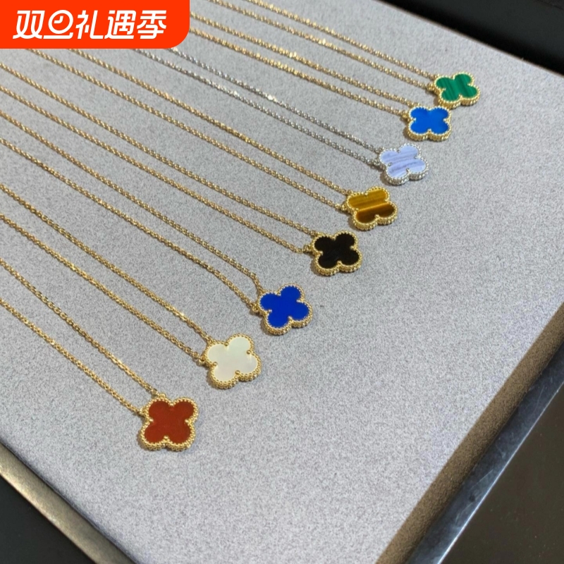 红玉髓镭射四叶草单花项链女士玫瑰金小众轻奢礼物黄金镀金锁骨链