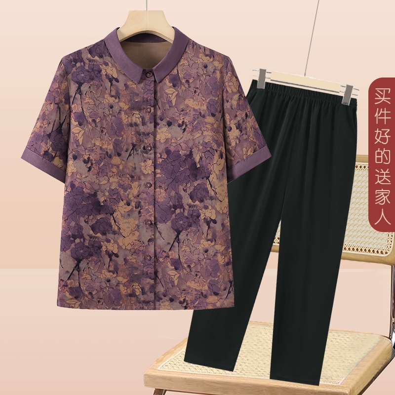 中老年人夏装女奶奶装夏季衬衫妈妈套装新款老人短袖衣服开衫上衣