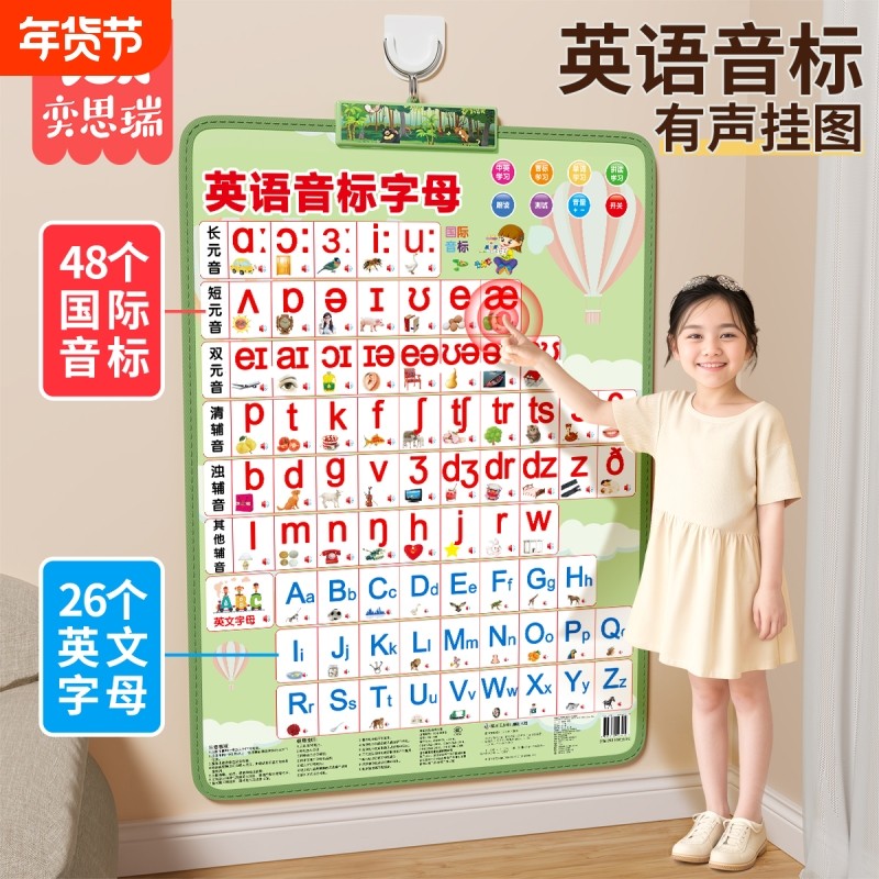 26英文字母表英语音标发音有声挂图48个国际单词自然拼读学习神器
