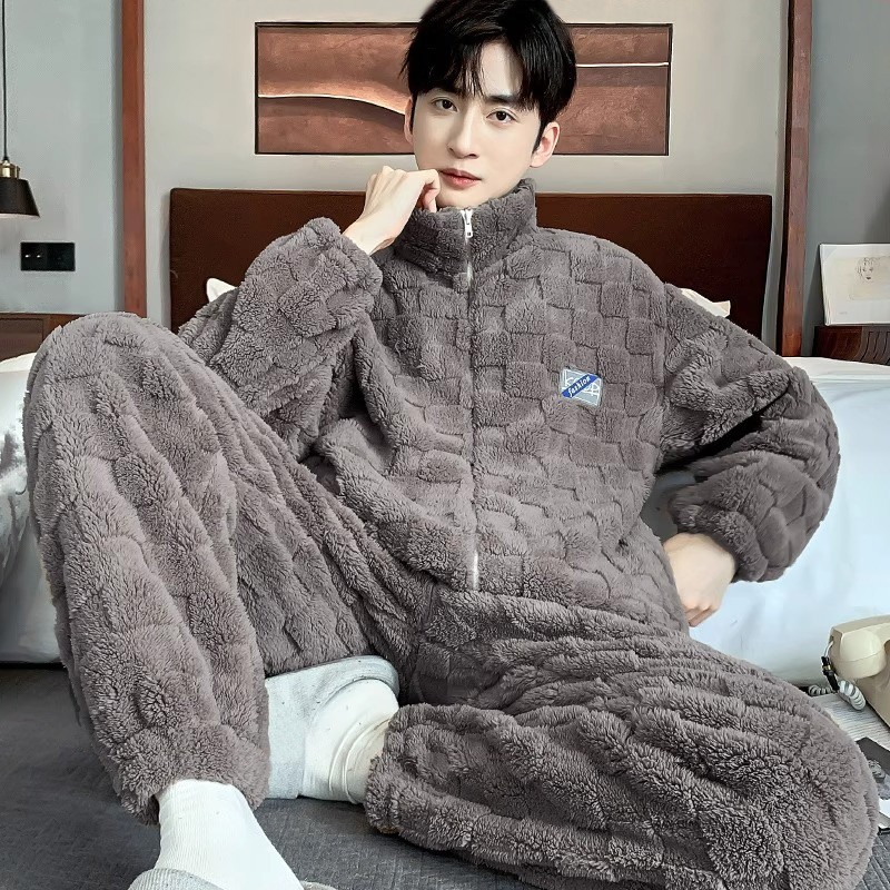 秋冬款睡衣男士珊瑚绒加绒加厚保暖法兰绒冬季家居服男款冬天套装