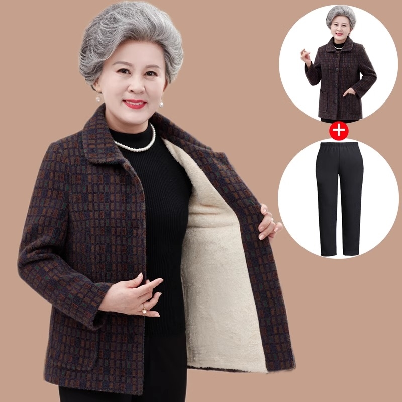 中老年人秋冬装女奶奶装水貂绒外套60岁70妈妈冬装加绒厚棉衣红色
