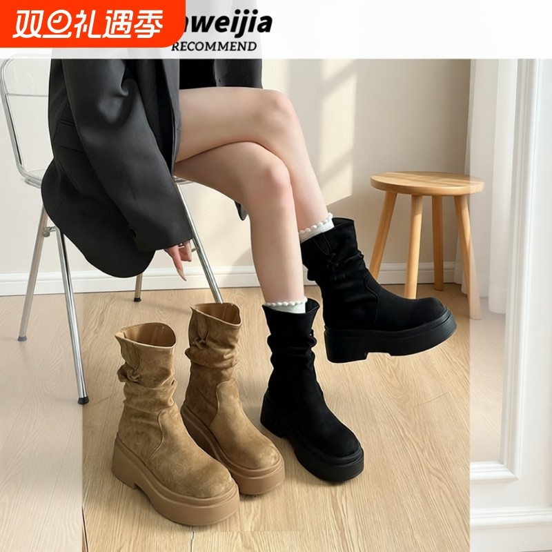 厚底小个子增高短靴女2025新款秋冬爆款美拉德靴子马丁靴中筒绒面