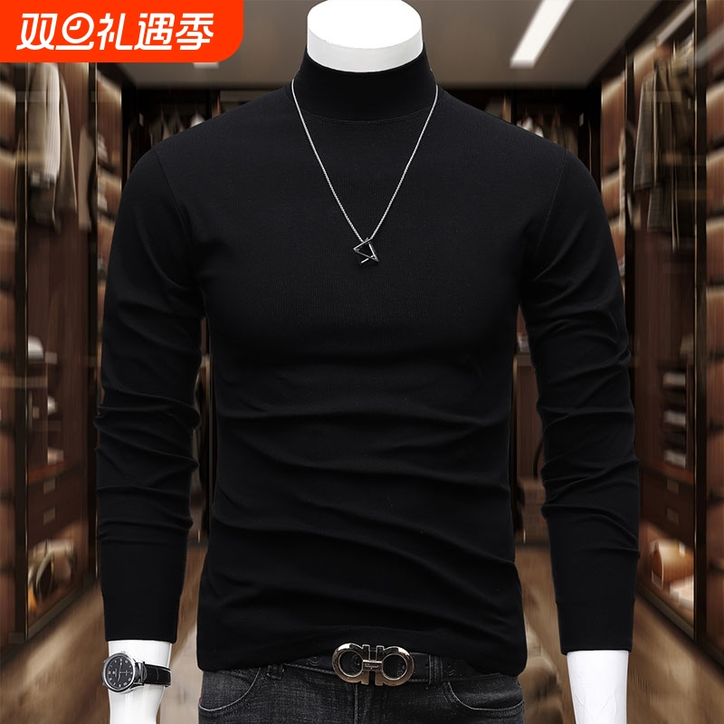 德绒保暖内衣加绒加厚内搭男士打底衫半高领中年长袖t恤毛衣黑色
