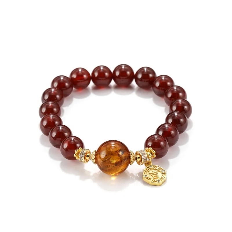 【赤金】酒红色石榴石花珀珠宝原创水晶手串天然单圈转运手链