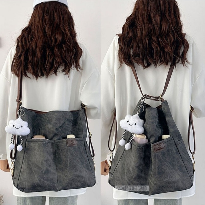 2025夏牛仔软皮三用背包包女大容量单肩托特包通勤斜挎包学生双肩