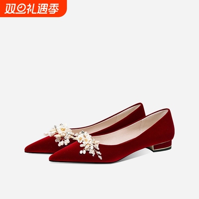 婚鞋女2024年新款秋季中式新娘鞋婚纱秀禾服两穿红色平底鞋不累脚