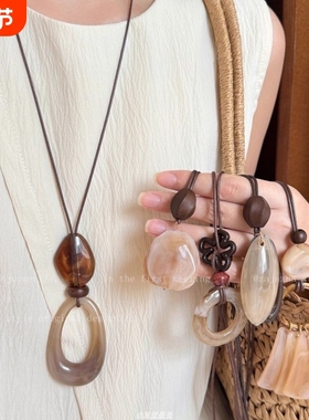 自带气场~美拉德棕色晕染长款项链女早秋挂脖小众设计毛衣链配饰