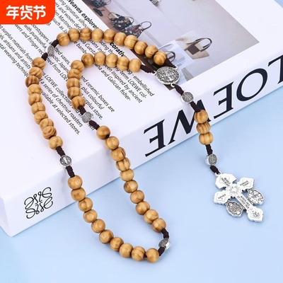 爆款橄榄木圣本笃木珠编绳项链