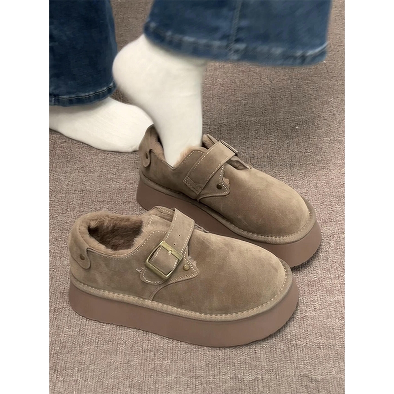 牛皮版~厚底增高加绒勃肯鞋保暖一脚蹬棉鞋女百搭单鞋休闲毛毛鞋