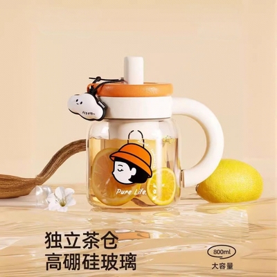 儿童大肚杯玻璃杯女高颜值吸管杯子大容量办公室泡茶水杯带把手