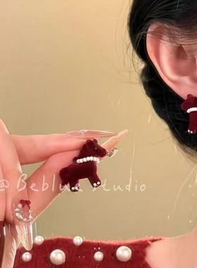 马上来财~复古红色小马耳钉女款独特设计感秋冬绝美耳环耳饰