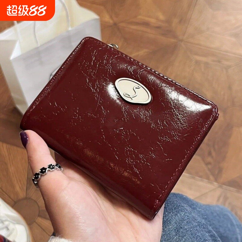 复古油蜡皮女士钱包时尚酒红色图片