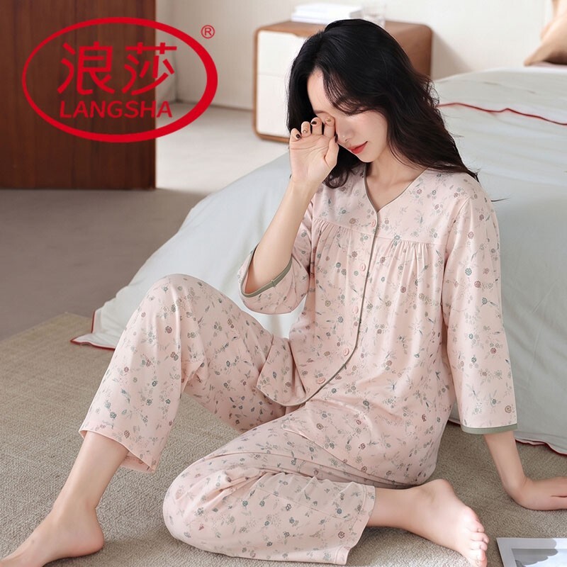 浪莎2026新款睡衣女夏季纯棉七分袖九分裤韩式家居服可外穿两件套