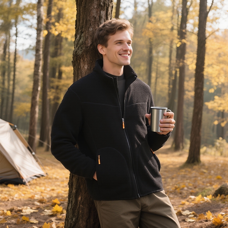 欧洲站加厚抓绒衣外套男士秋冬季立领摇粒绒保暖休闲加绒夹克黑色