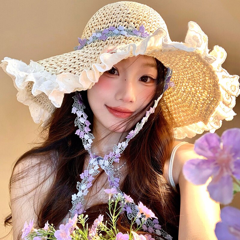 碎花草帽女夏海边度假风大帽檐遮阳防晒帽蕾丝边太阳帽子沙滩大檐