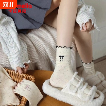 可爱袜子女春秋款纯色保暖中筒袜木耳花边点子纱卡通动物刺绣