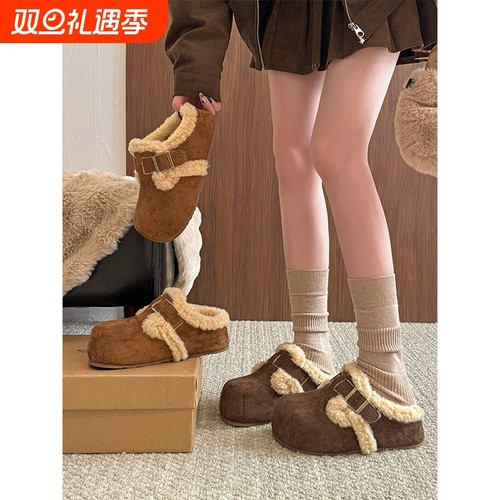 百搭款勃肯鞋女2025新款秋冬季棉鞋子加绒加厚毛绒包头半拖鞋外穿