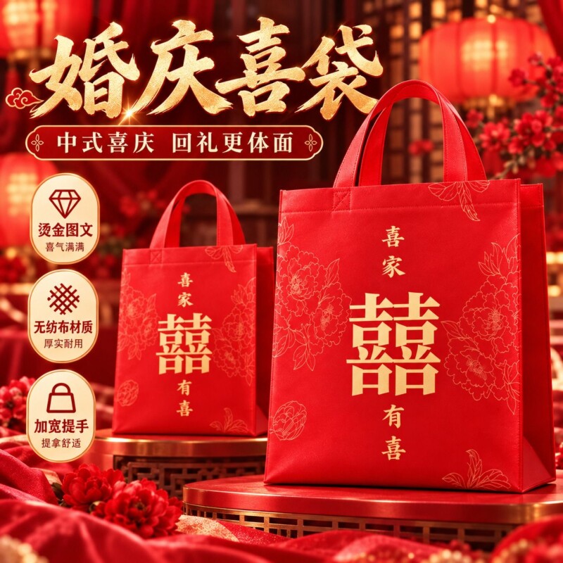 结婚手提袋红色喜字喜糖盒大号婚礼伴手礼袋子订婚回礼品袋包装袋