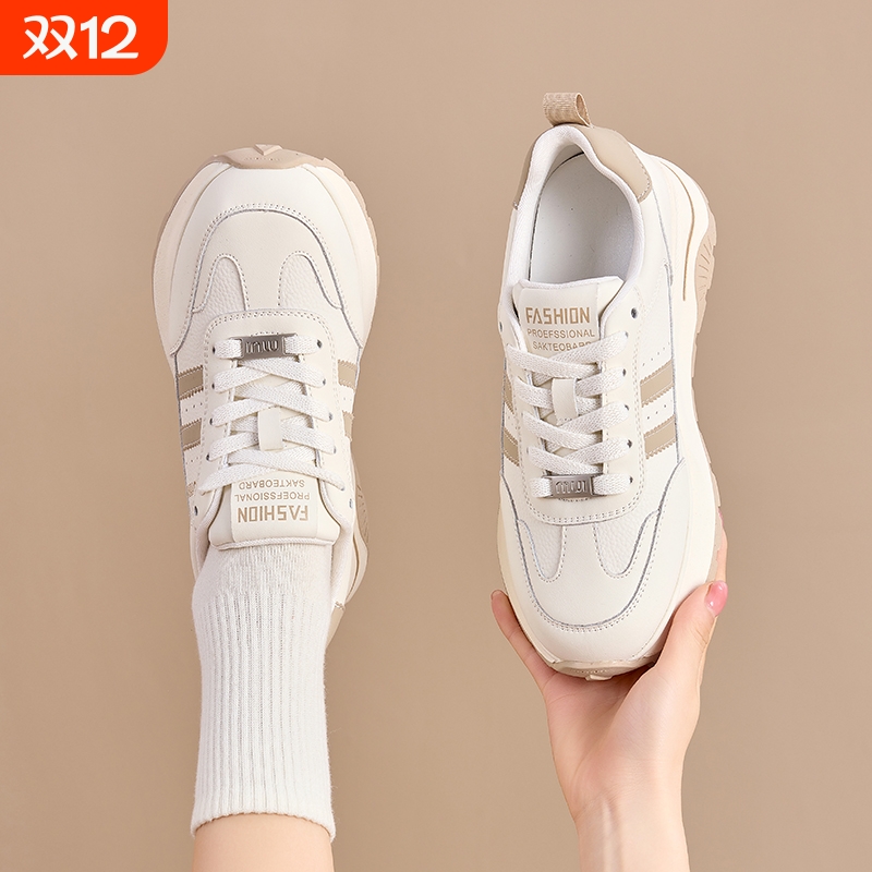 时尚增高6cm休闲鞋女爆款2025秋新款复古小白鞋百搭厚底系带板鞋