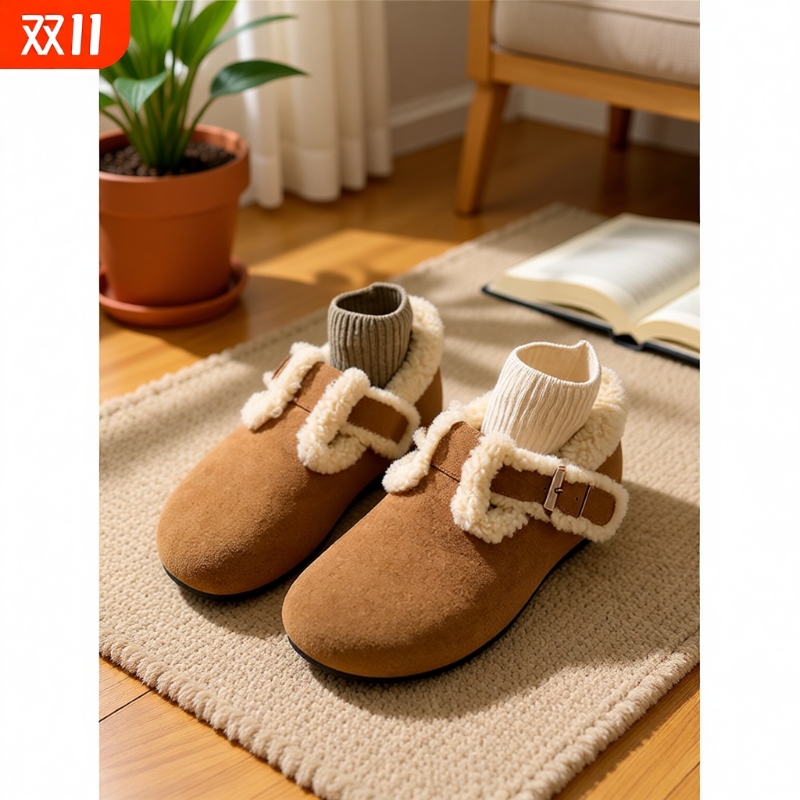 加绒勃肯鞋厚底毛毛鞋女外穿2025新款秋冬季雪地靴加厚保暖棉鞋女