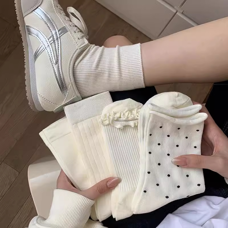 白色木耳边袜子女夏薄款纯棉日系中筒袜夏天女士韩版波点堆堆长袜