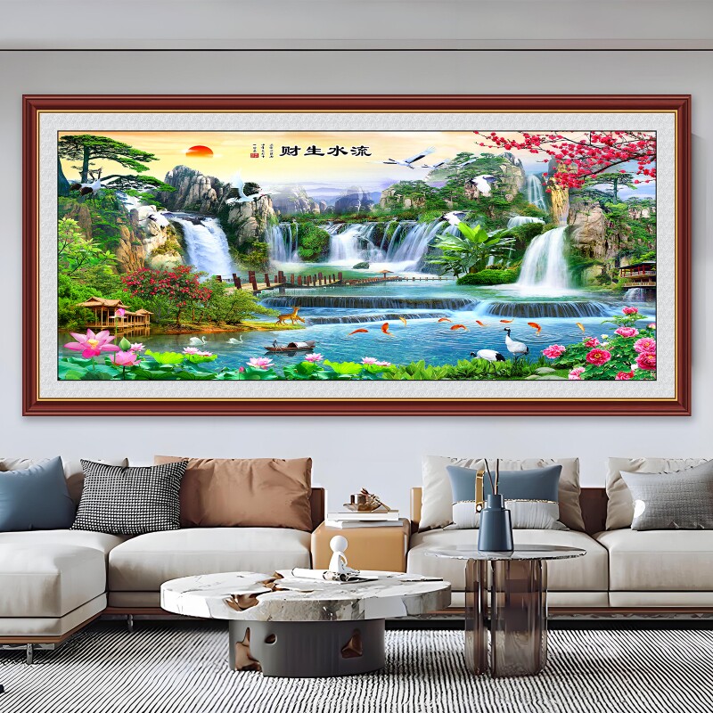 山水画客厅沙发背景墙装饰挂画流水生财风景画新款墙贴自粘画贴画