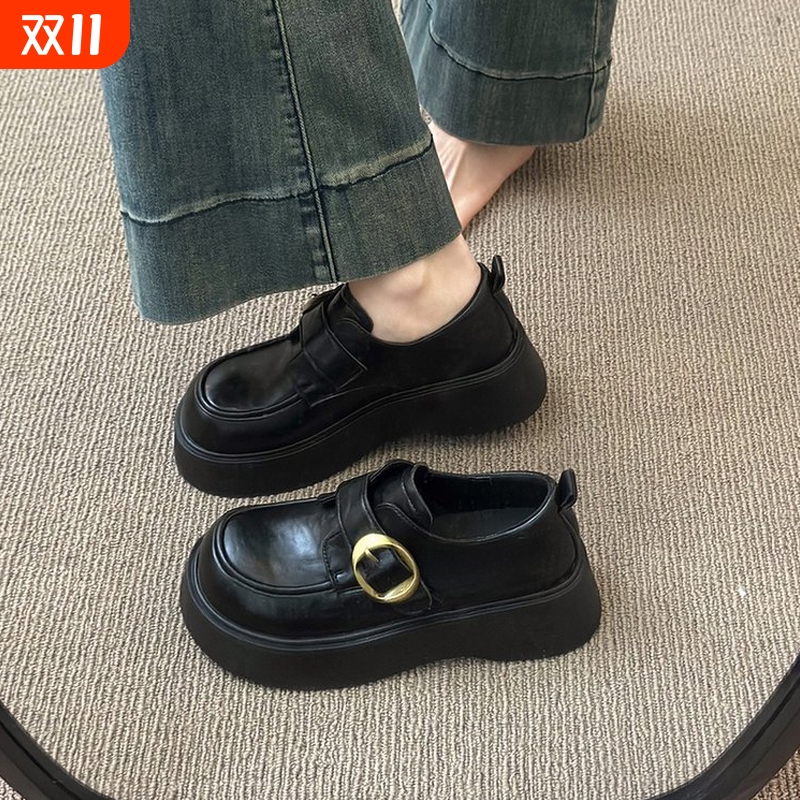 厚底小皮鞋女2025春秋新款一脚蹬黑色jk单鞋爆款乐福鞋高跟加绒