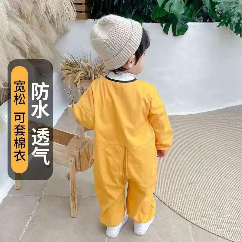 儿童连体罩衣外穿防脏爬行服宝宝护衣全身防水男女宝长袖薄款哈衣