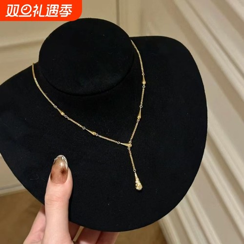 中古金色小蛮腰水滴项链轻奢复古简约设计秋冬气质百搭毛衣链多层