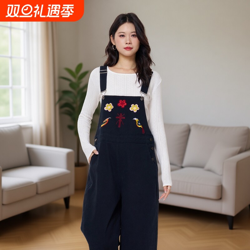 孕妇背带裤秋季外穿小个子牛仔裤不勒肚子刺绣阔腿裤秋装