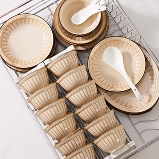 复古浮雕法式餐具碗盘家用2026新款釉下彩轻奢高颜值碗盘筷组合装