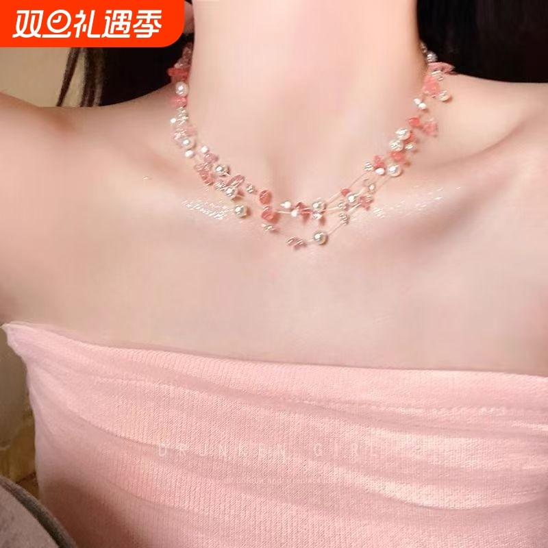粉色串珠项链女多巴胺小众颈链配饰2025新款配裙子海边锁骨链