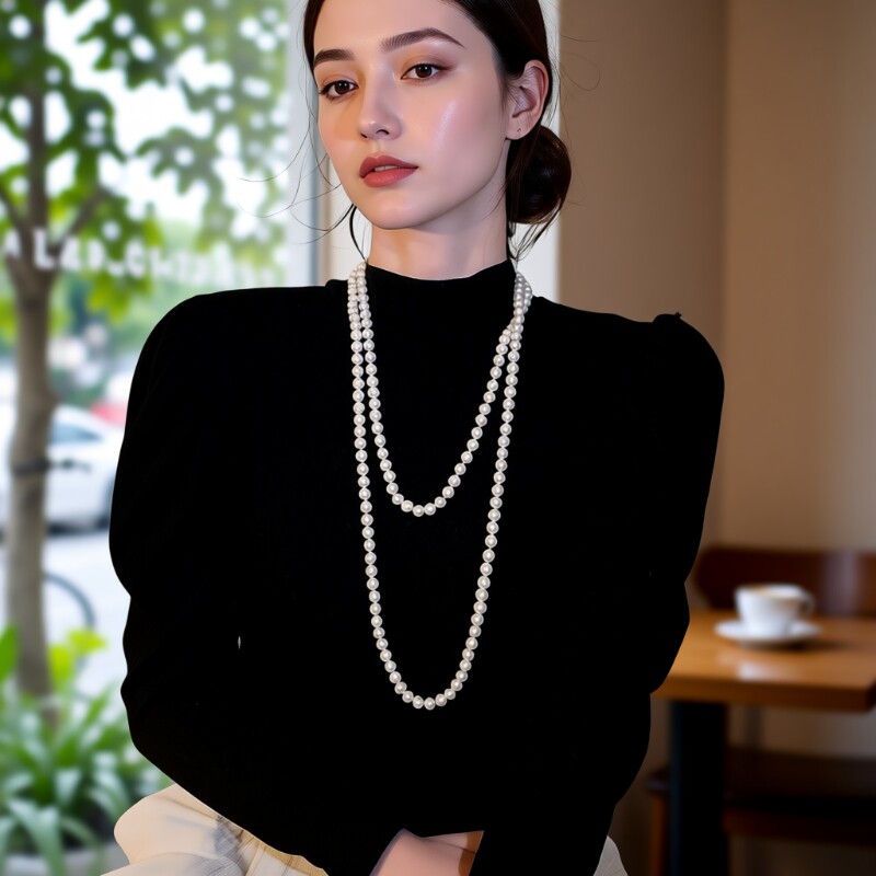 珍珠毛衣链长款简约百搭多层叠戴加长旗袍链配旗袍女士项链施家