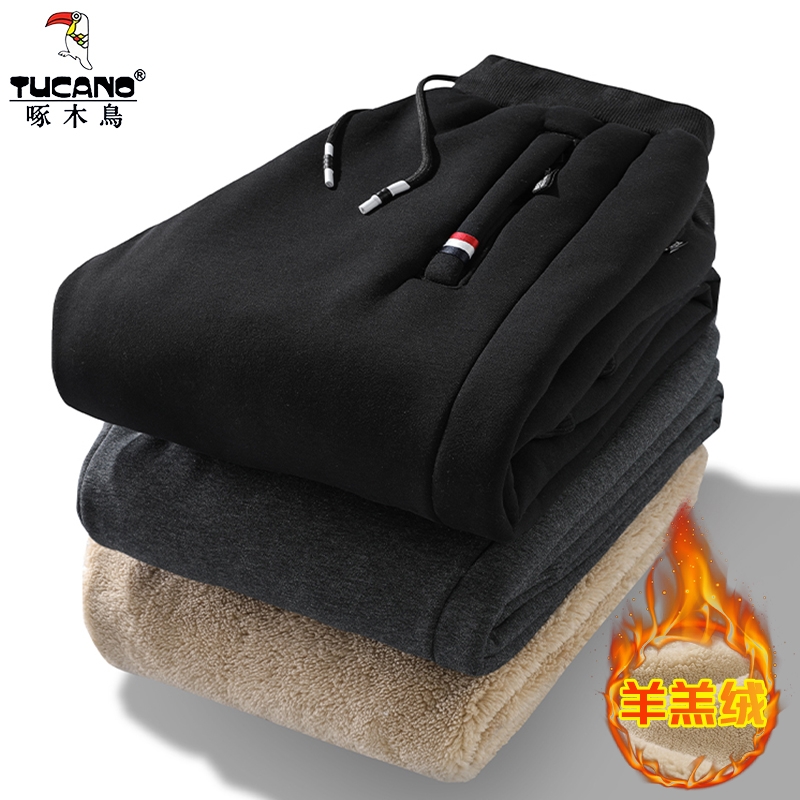 啄木鸟羊羔绒裤子男款冬季棉裤男士加绒卫裤直筒休闲运动长裤男裤