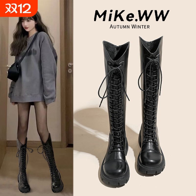 骑士靴长靴2025新款秋冬加绒雪地靴长筒马丁高筒靴平底真皮皮面