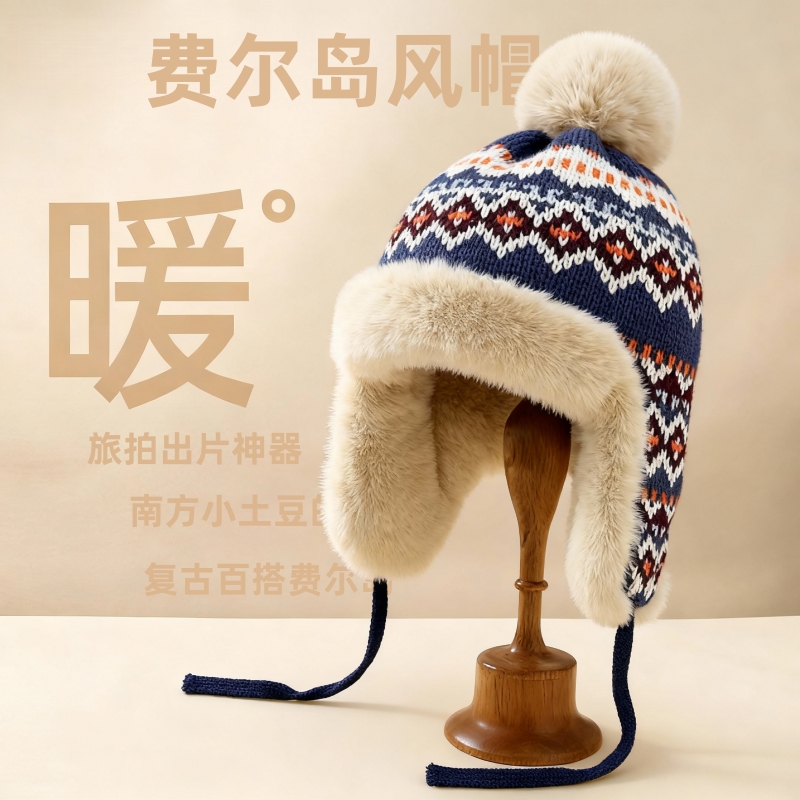 费尔岛风帽子女冬针织毛线帽保暖加绒加厚户外玩雪防寒护耳雷锋帽