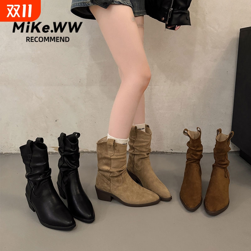短靴堆堆靴子女2025秋季新款美拉德中筒牛仔靴短筒马丁靴鞋子棕色