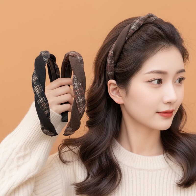 学院风格纹麻花发箍女秋冬美拉德百搭发卡高颅顶压发头箍气质发饰