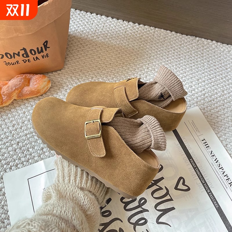 真皮版！小个子厚底增高7CM内增高勃肯鞋子女一脚蹬包头半拖单鞋