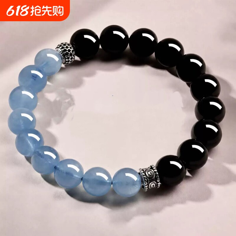 普陀山天然海蓝宝黑曜石手串光汉银饰男女无乌金水晶手链手串情侣