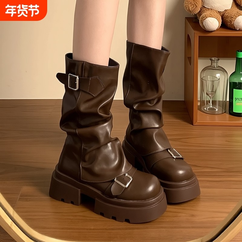 棕色厚底增高马丁靴女2025年新款春秋冬季复古美中筒靴子圆头中跟