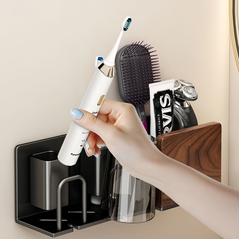 胡桃木卫生间电动牙刷置物架壁挂式免打孔牙膏牙杯漱口杯挂架刷牙