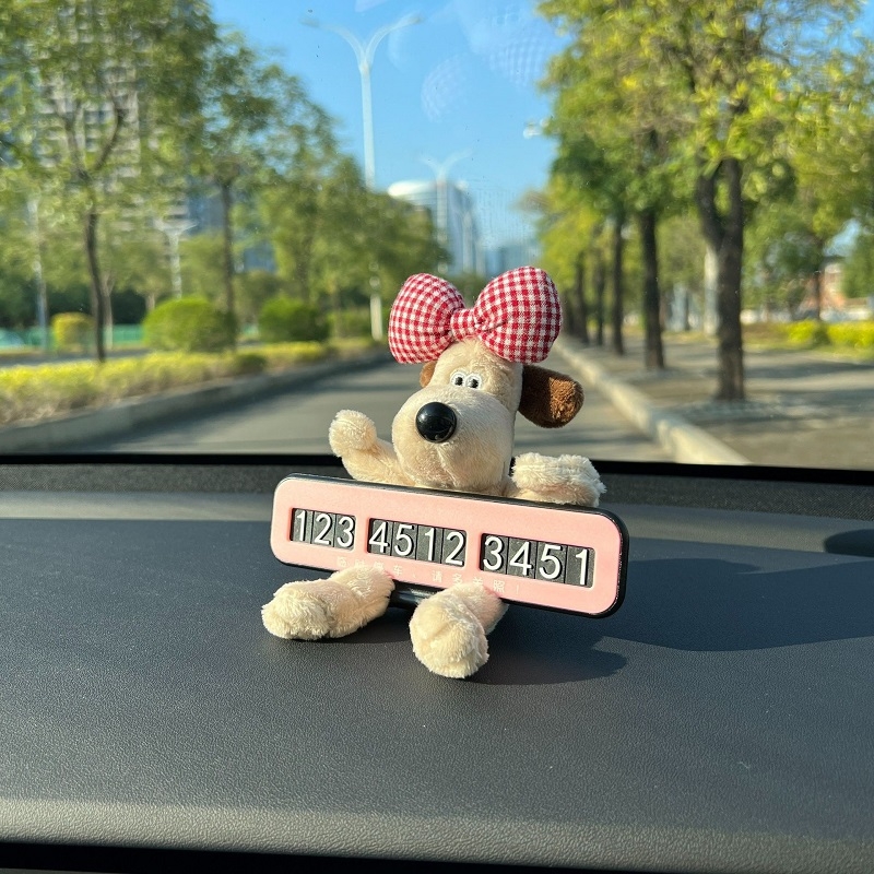可爱蝴蝶结狗狗汽车临时停车号码牌车载摆件挪车电话牌车内装饰品