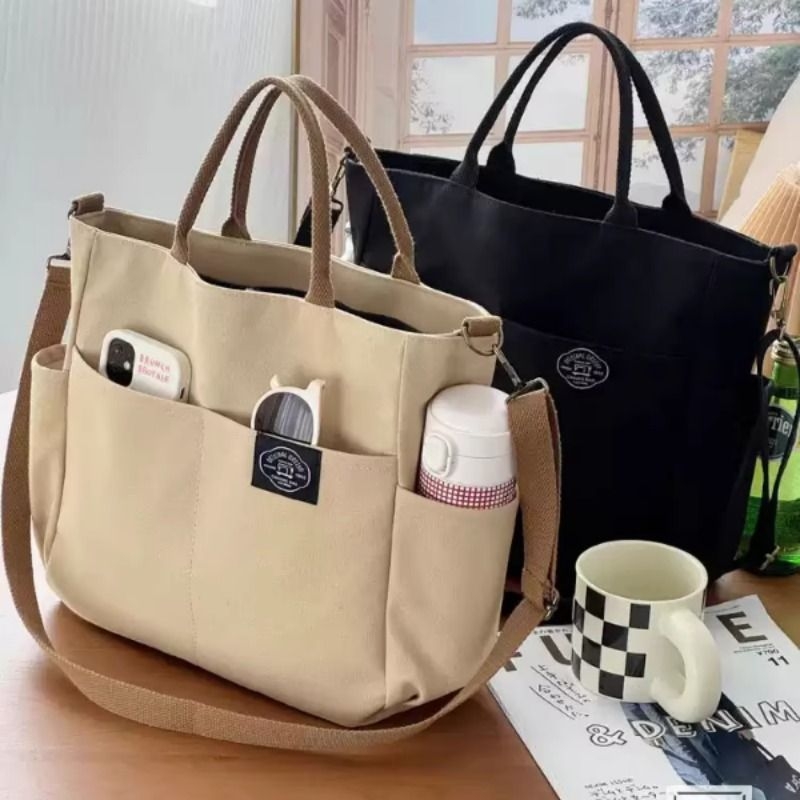 加厚多口袋文艺托特帆布学生电脑简约手提单肩斜挎包2025隔层可放