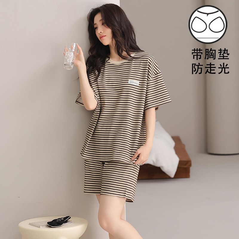 睡衣女夏短袖带胸垫高级感2025新款家居服套装休闲针织条纹薄款