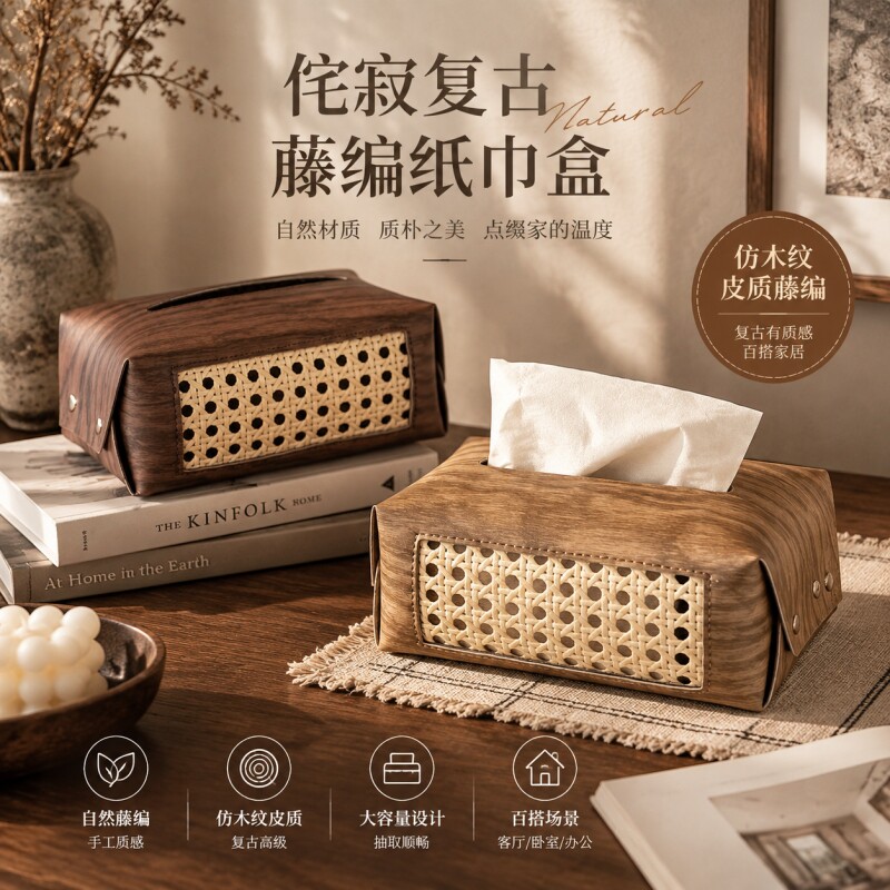 纸巾盒客厅轻奢高级感中古风藤编皮质家用茶几桌面抽纸盒收纳卧室