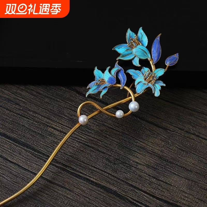 纯银镀金百合花国风古典高端非遗仿点翠发簪鹦鹉毛发饰2023礼物