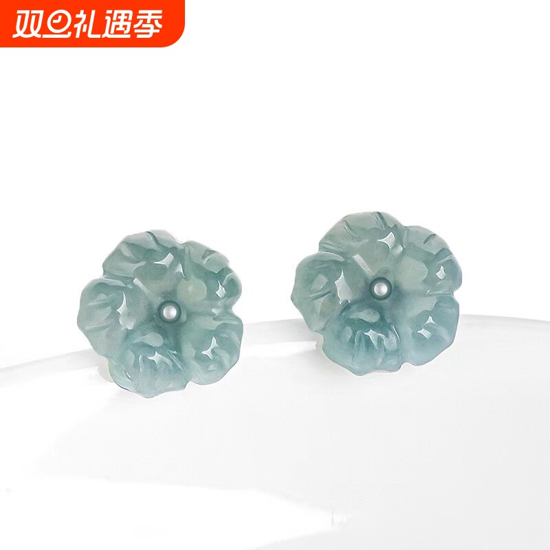 oein天然A货翡翠冰种桃花耳钉蓝水玉石花瓣S925银镶女款耳饰